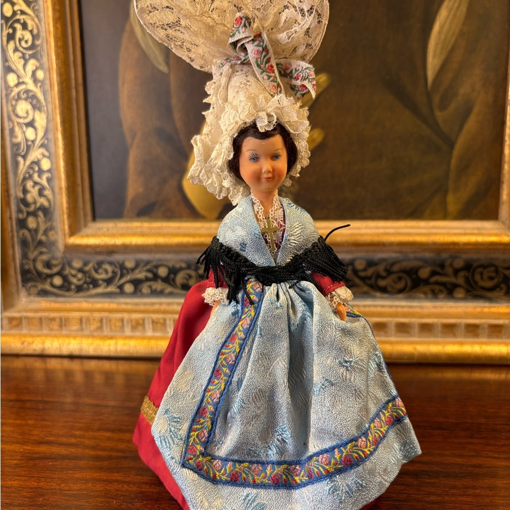 Vintage Regional Folk Doll with Lace Bonnet and Embroidered Apron – European Sty
